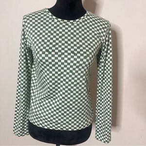 Women’s Kitchen Green & White Checkered/Floral print Crewneck Soft Tee‎ Sz M NWT